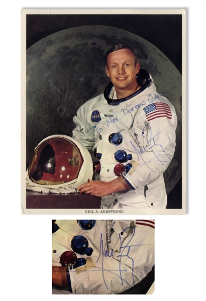 Neil Armstrong Signed 8'' x 10'' Photo in His White Spacesuit -- Near Fine Condition